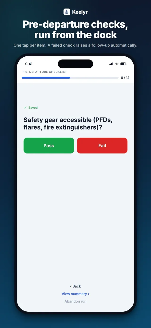 Keelyr pre-departure checklist on a phone, showing a safety-equipment check with pass and fail actions.